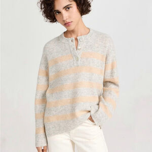 Rails Alicia Stripe Sweater grey multi peach orange henley alpaca wool medium M